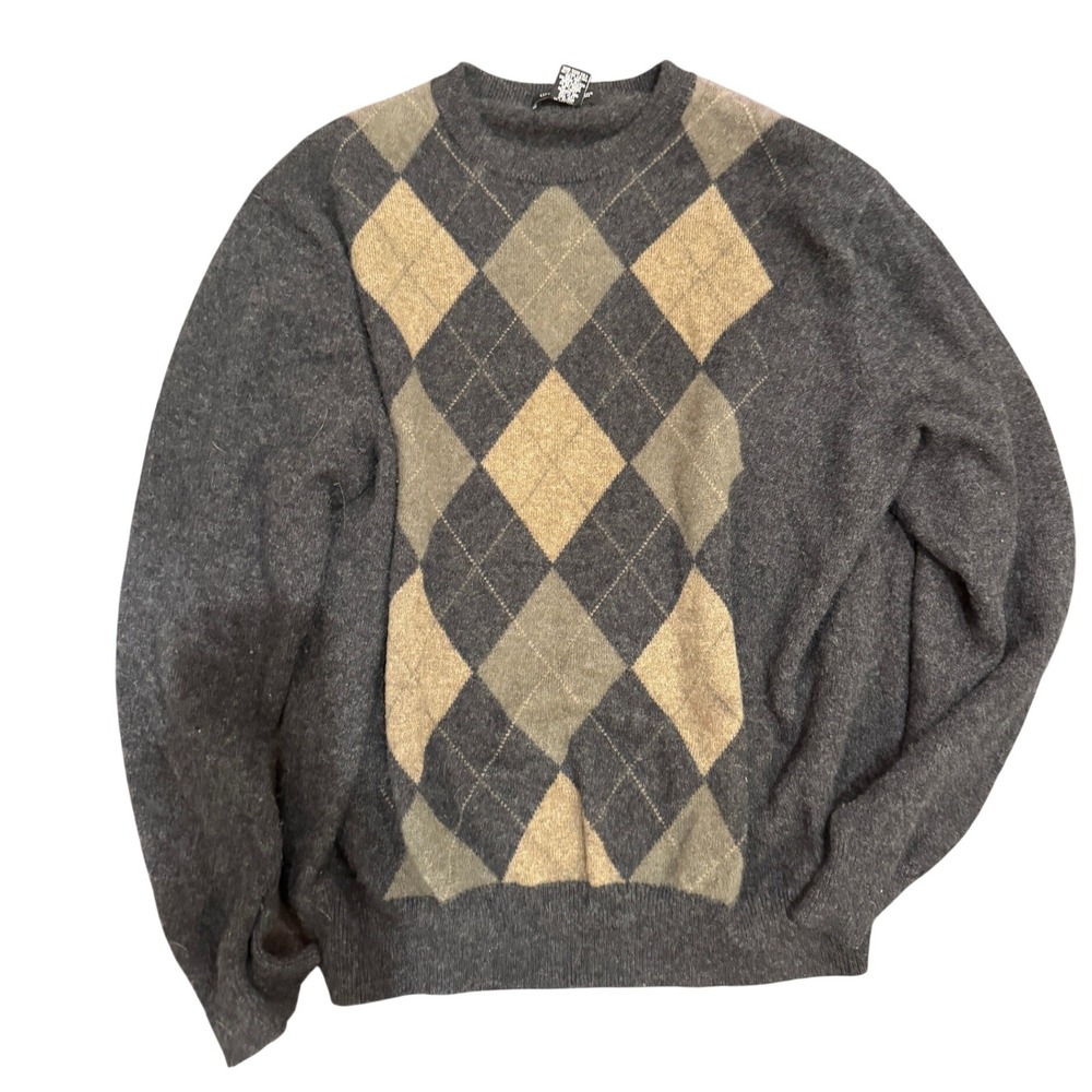 Grayson & Dunn 100% Cashmere Argyle Crewneck Sweater Mens XL Gray Tan Luxury